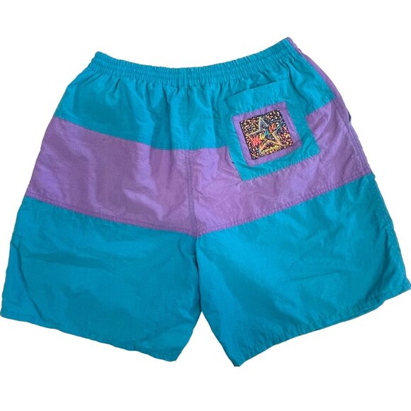 Vintage 80s Swim Trunks Shorts Converse Magic Johnson Collab L Teal Purple Lined - Picture 2 of 14